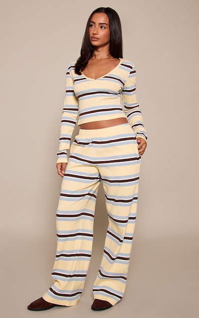 Petite Cream Stripe Ribbed Straight Leg Pants