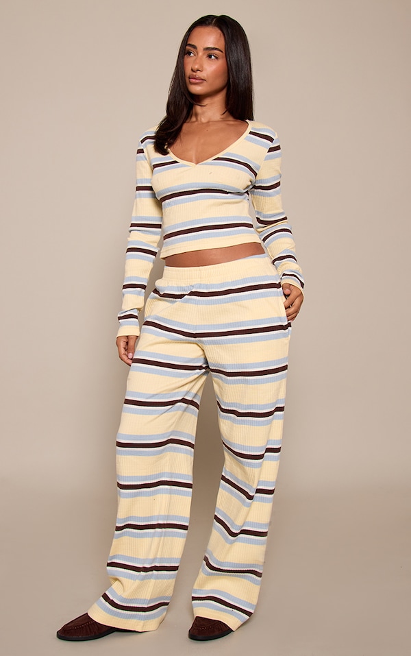 Petite Cream Stripe Ribbed Straight Leg Pants 