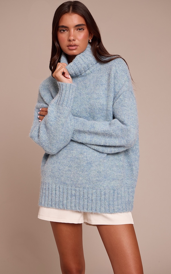 Soft Blue Roll Neck Balloon Sleeve Oversized Sweater