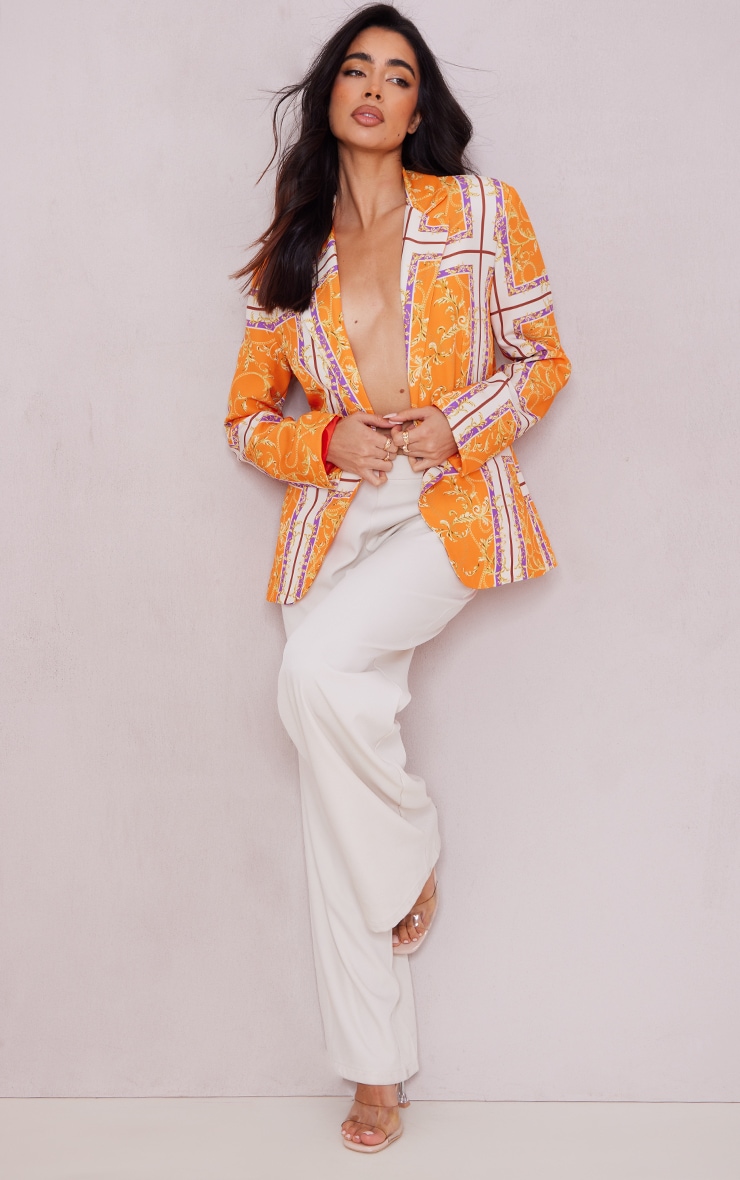 Orange Chain Print Cinched Waist Curved Hem Blazer image 3
