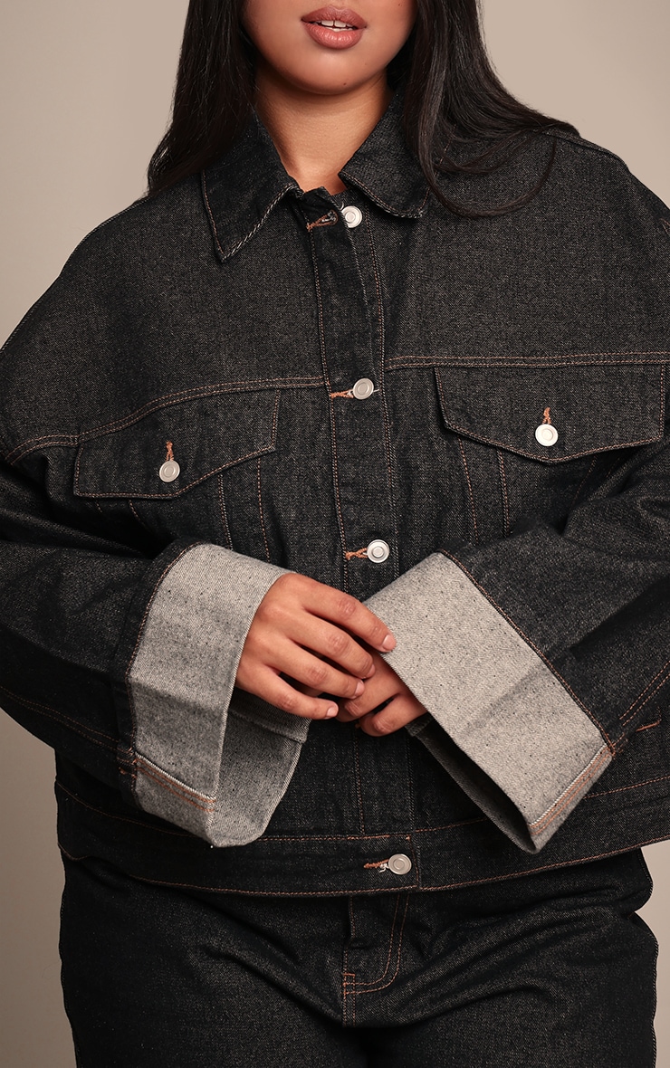 Plus Raw Indigo Wash Turn Up Cuff Contrast Stitch Denim Jacket image 4