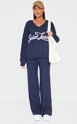 Navy Cable Knit Wide Leg Trousers