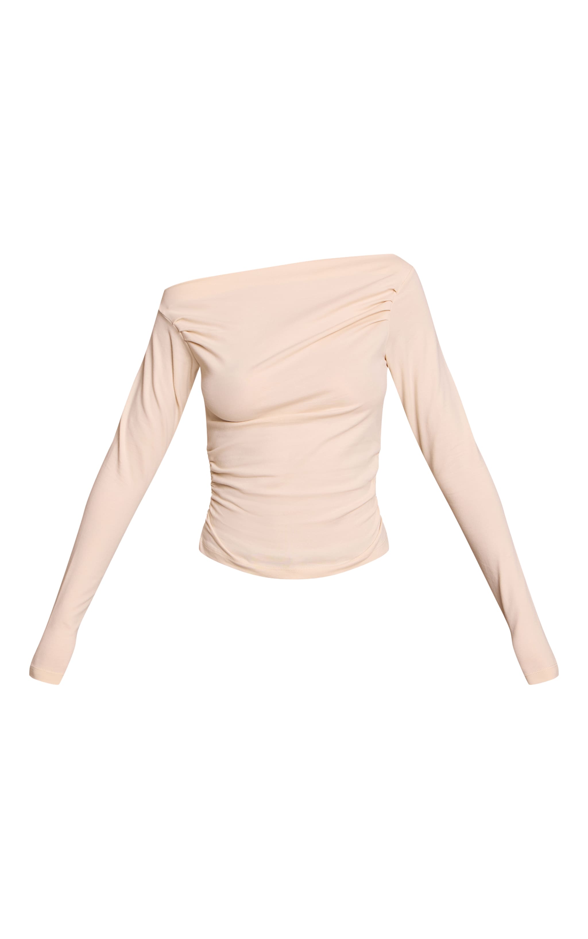 Oatmeal Soft Cotton Ruched Asymmetric Long Sleeve Top image 5