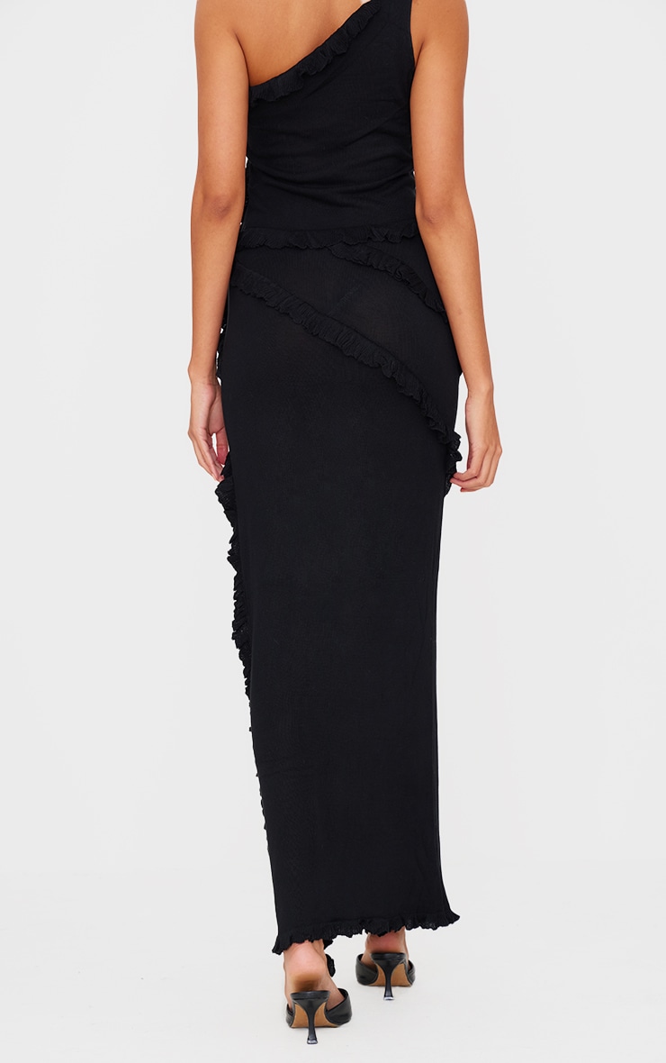 Black Rib Knit Frill Detail Maxi Skirt image 3