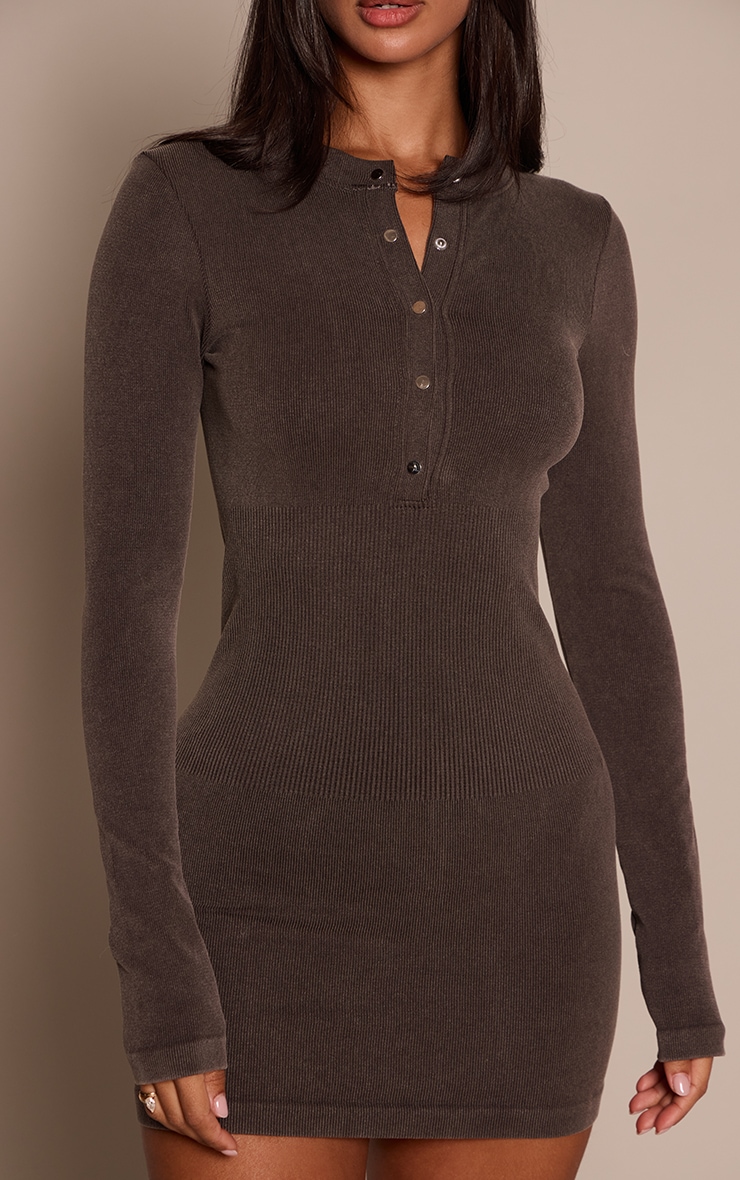 Petite Chocolate Contour Rib Button Through Long Sleeve Mini Dress image 4