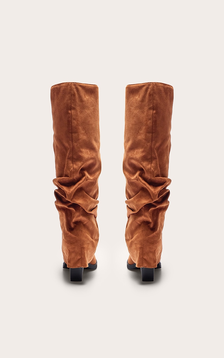 Tan Faux Suede Point Toe Fold Over Block Heel Knee High Boots image 3