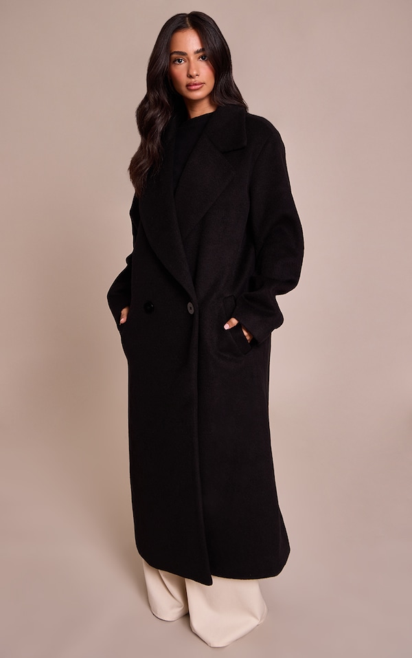 Petite Black Brushed Wool Maxi Coat