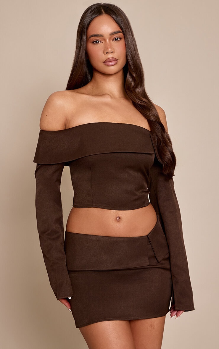 Dark Brown Twill Tailored Foldover Mini Skirt image 2