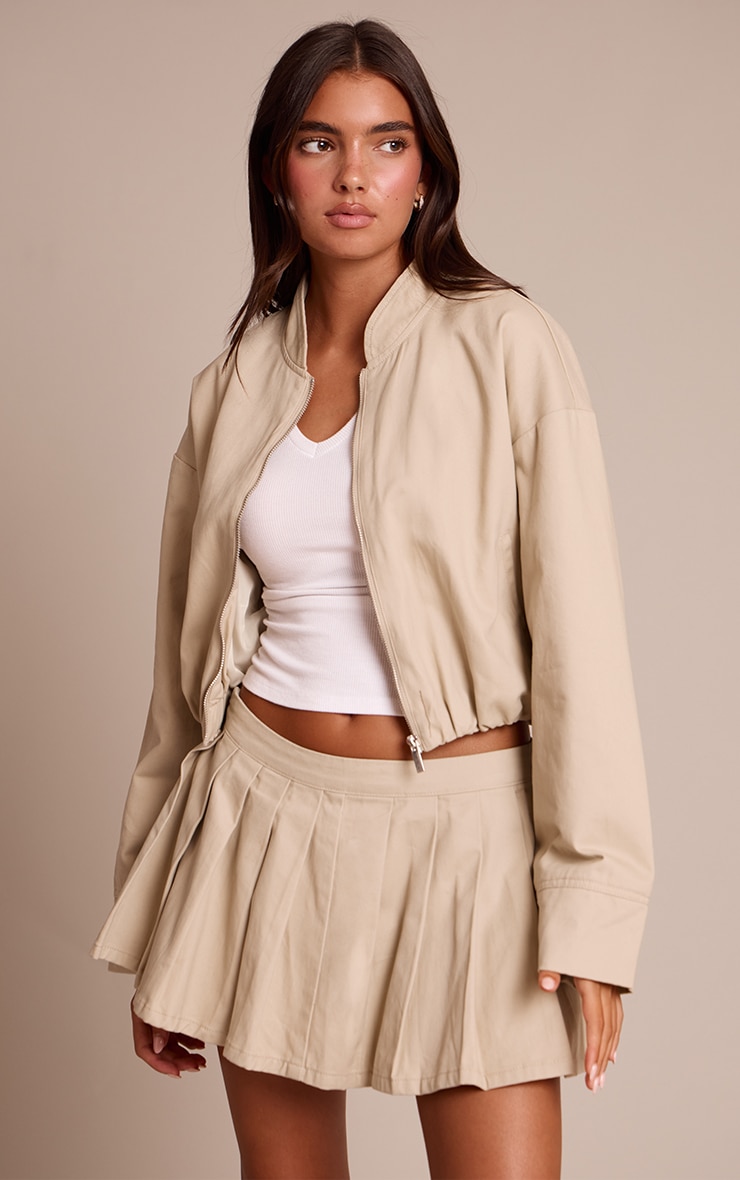 Sand Bubble Hem Denim Cropped Bomber Jacket image 1