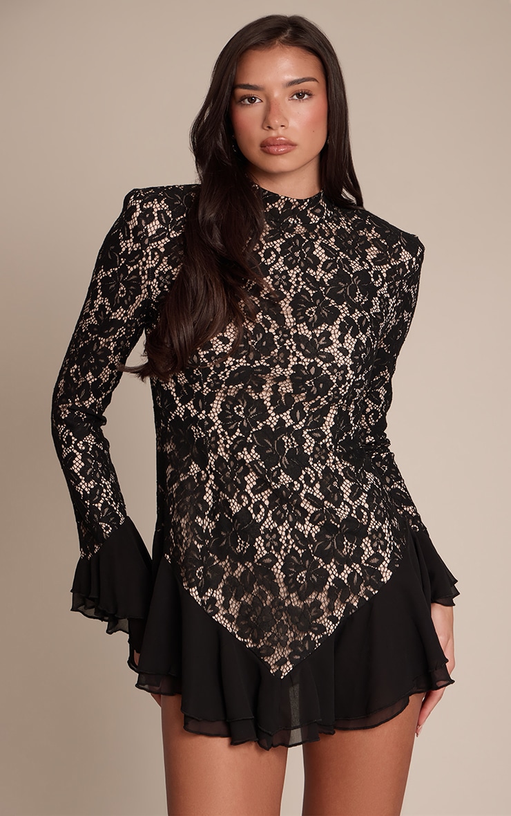 Black Lace High Neck Frill Detail Mini Dress