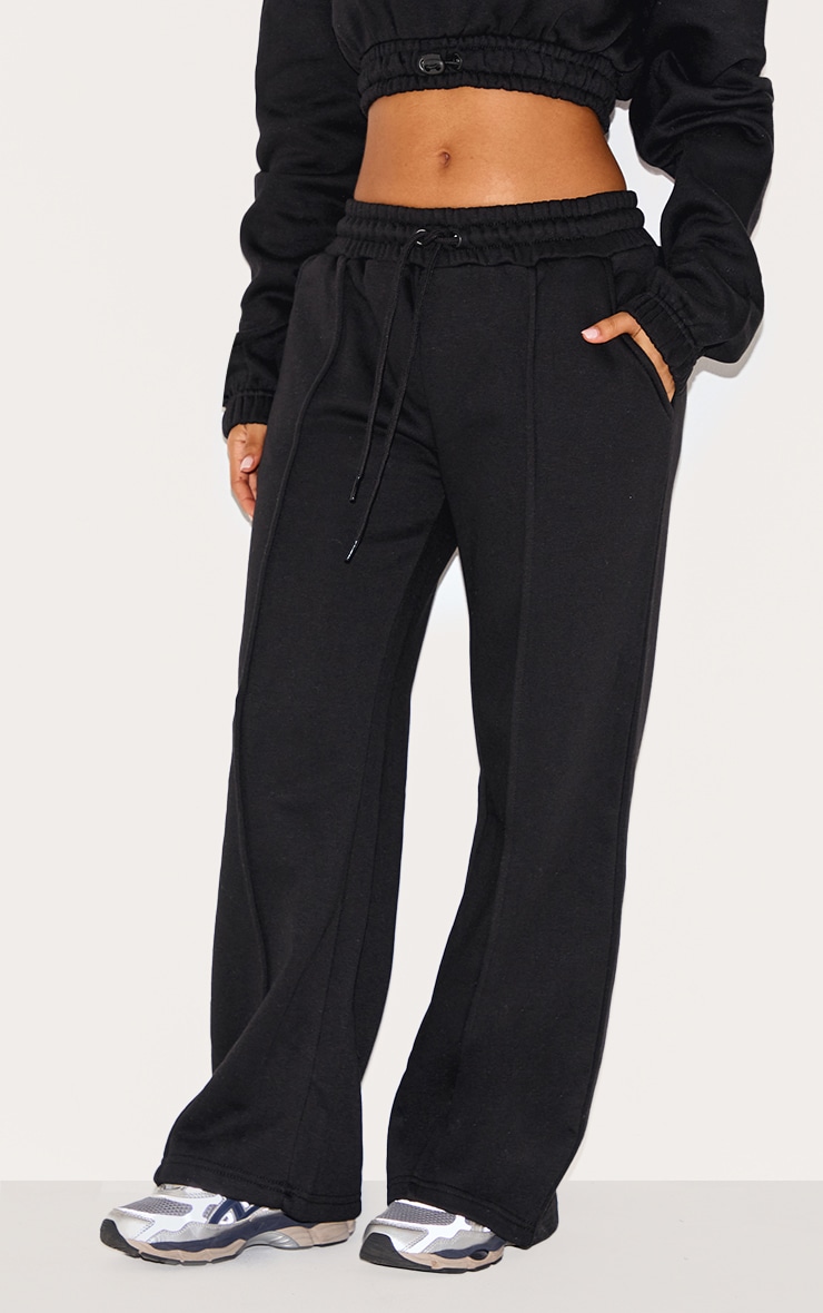 Petite Black Wide Leg Seam Detailed Track Pants image 2