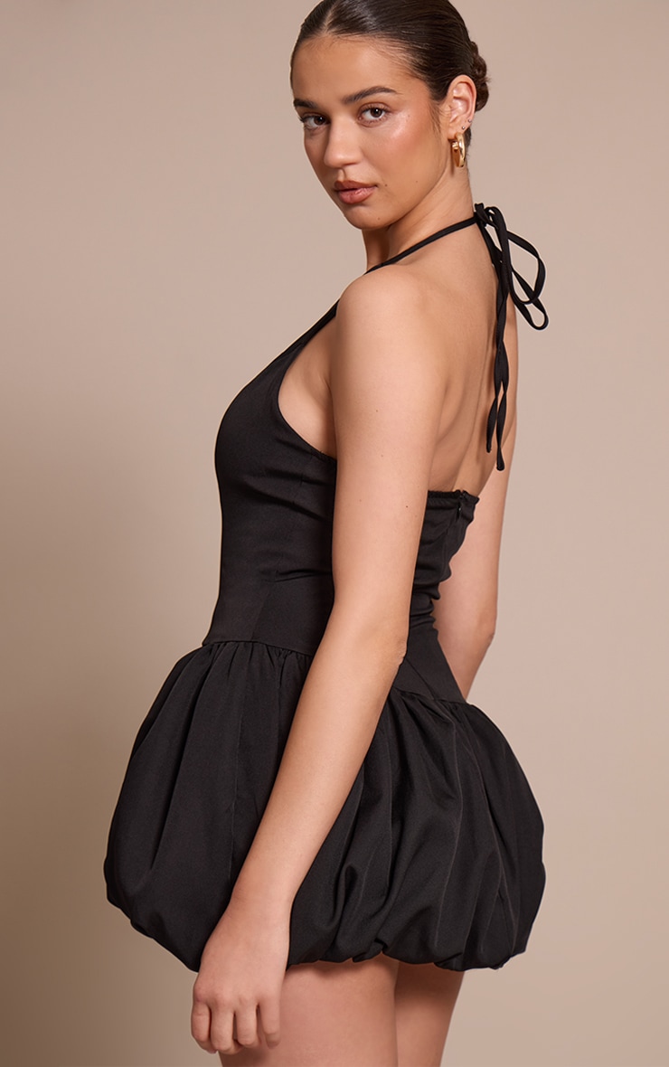 Black Woven Halterneck Puff Ball Mini Dress image 2