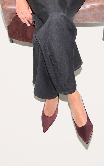 Chocolate Satin Point Toe Mid Stiletto Heeled Court Mules