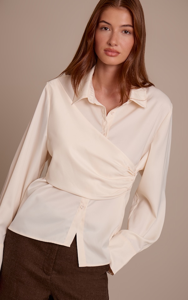 Cream Satin Drape Detail Long Sleeve Shirt