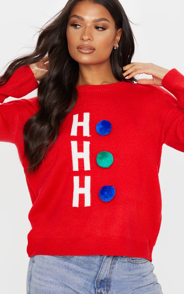 Pull de Noël rouge à pompons et slogan Ho Ho Ho