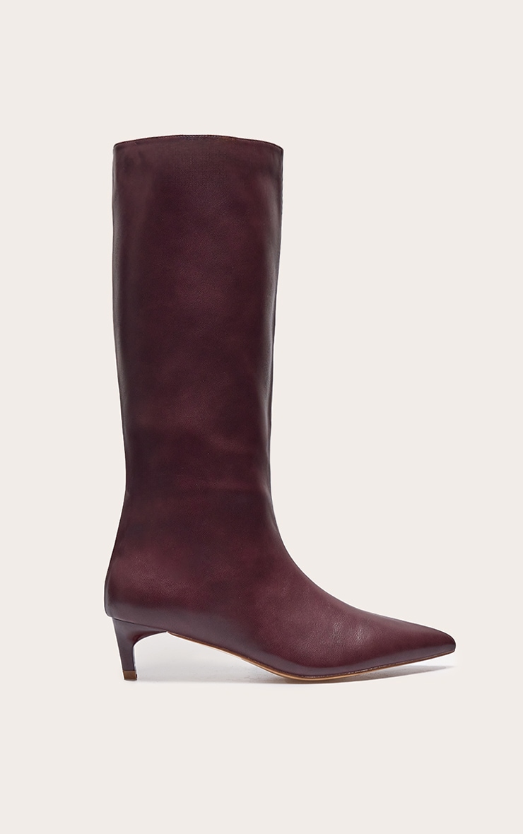Plum PU Point Toe Low Stiletto Knee High Heeled Boots
