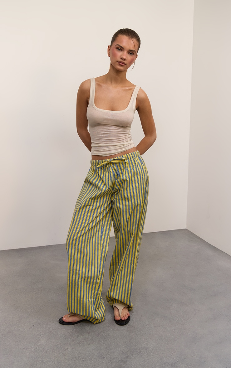 Yellow Striped Cotton Linen Blend Drawstring Waist Pants