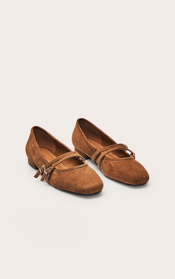 Tan Faux Suede Buckle Strap Square Toe Ballet Flats image 3