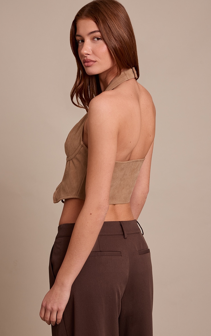 Top en suédine marron clair à dos nu et décolleté lacé image 2