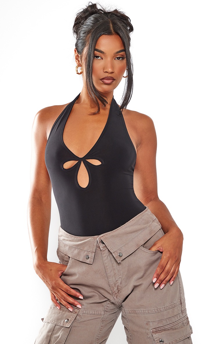Black Slinky Halterneck Cut Out Bodysuit