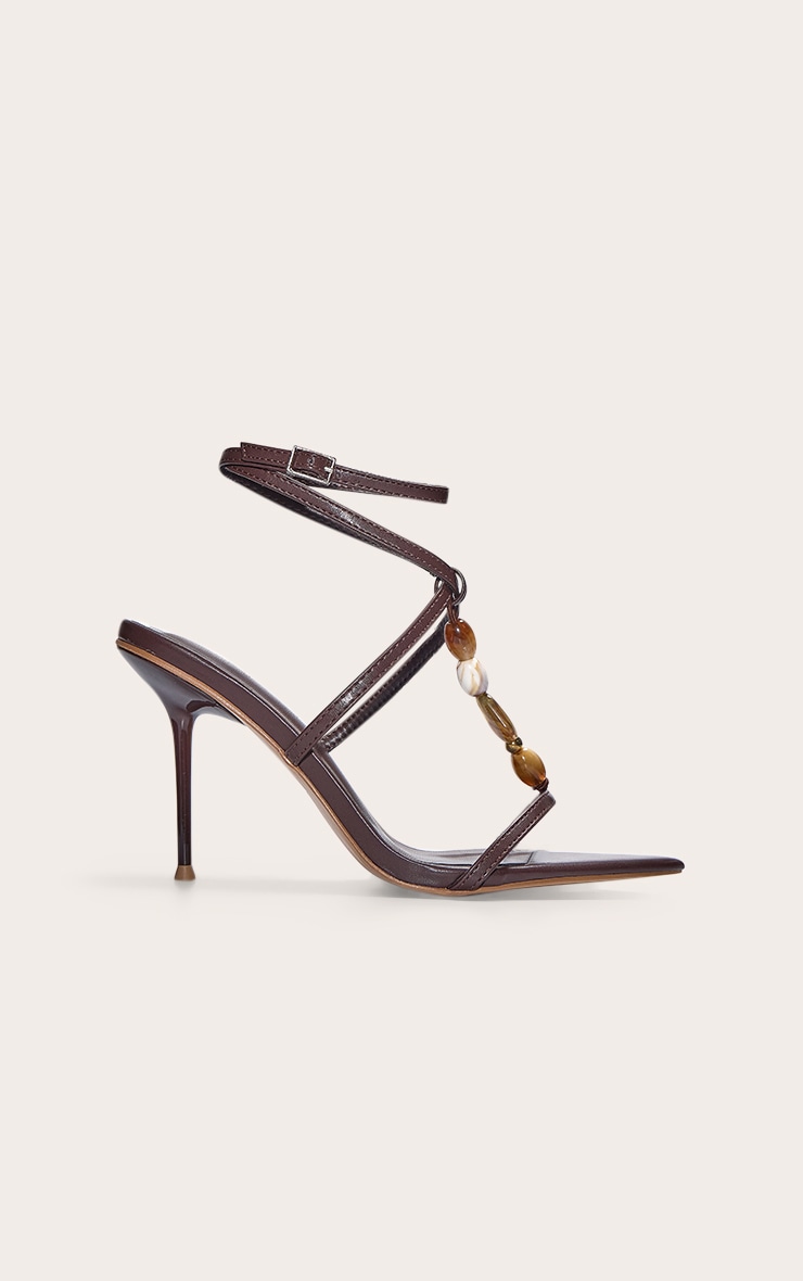 Sandales à Talons Aiguilles Hauts en Chocolat avec Bout Carré, Dentelle à Perles et Lacets image 1