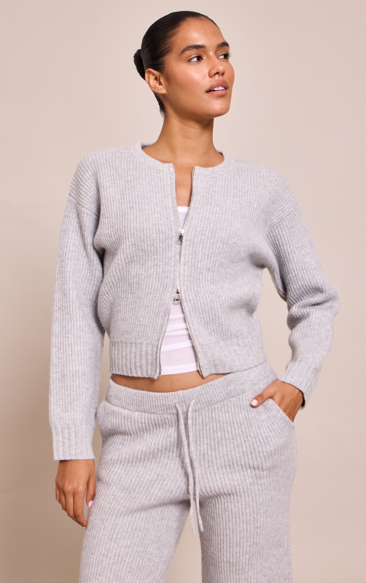 Soft Grey Brushed Rib Knit Zip Through Cardigan image 1