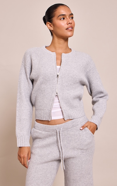 Soft Grey Brushed Rib Knit Zip Through Cardigan