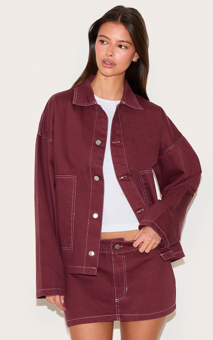 Burgundy Contrast Stitch Denim Mini Skirt image 4
