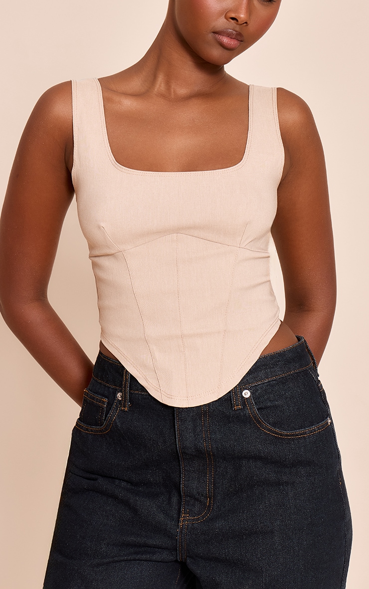 Cream Marl Stretch Woven Square Neck Corset Top image 4