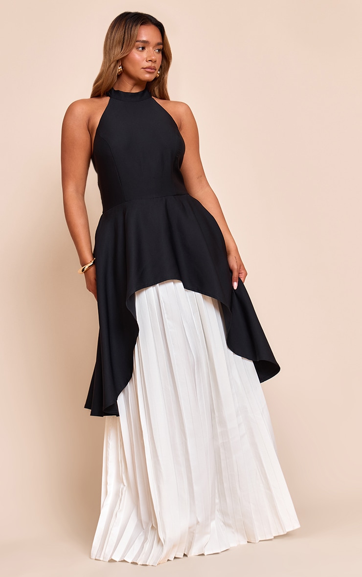 Shape Black High Neck Waterfall Contrast Pleat Maxi Dress image 1