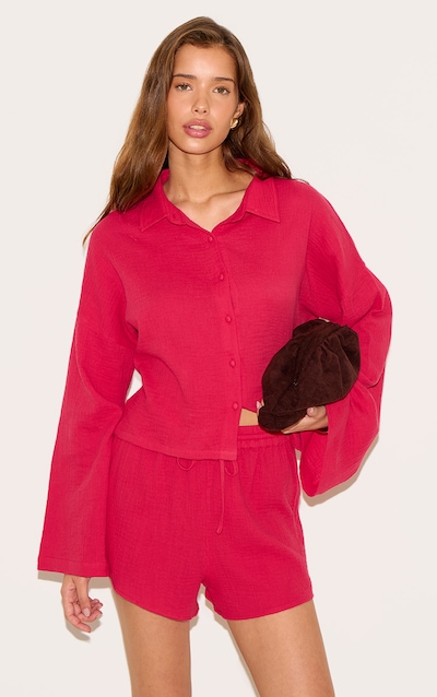 Chemise oversize en effet lin rouge tomate à boutons