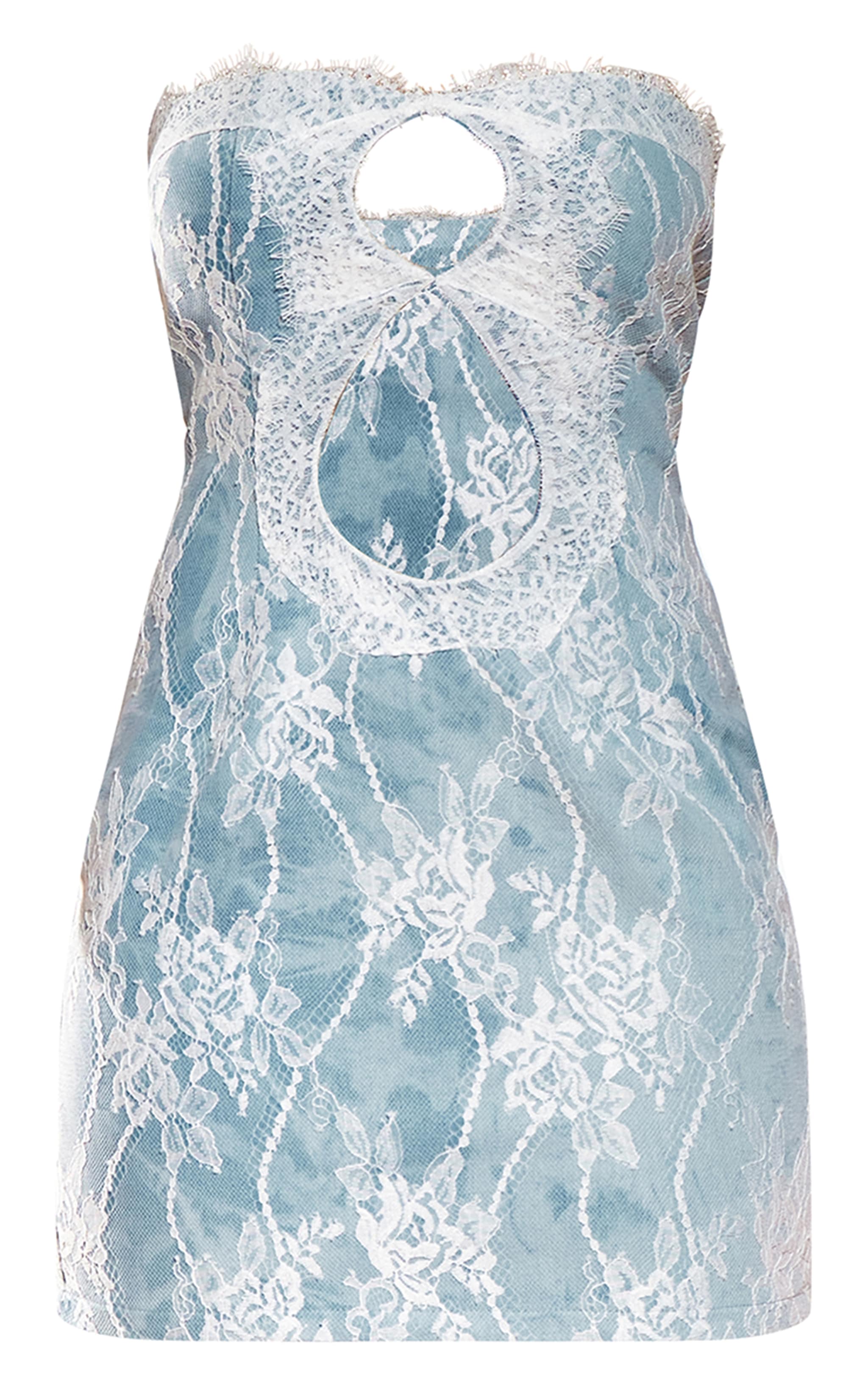 Light Blue Acid Wash Contrast Lace Bandeau Denim Mini Dress