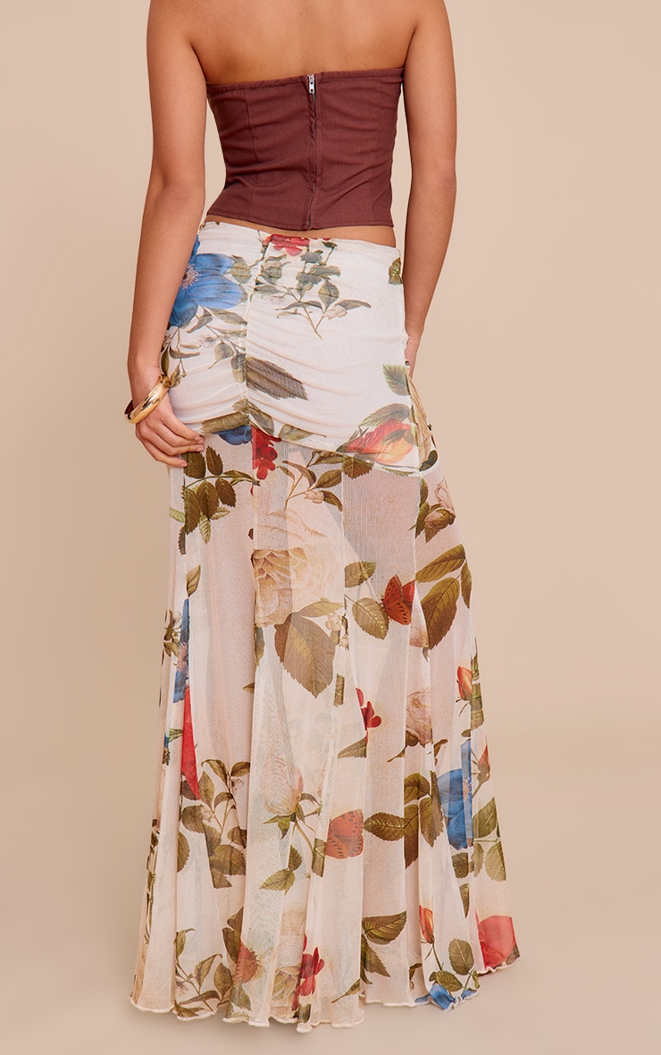 Cream Printed Mesh Overlay Maxi Skirt image 3