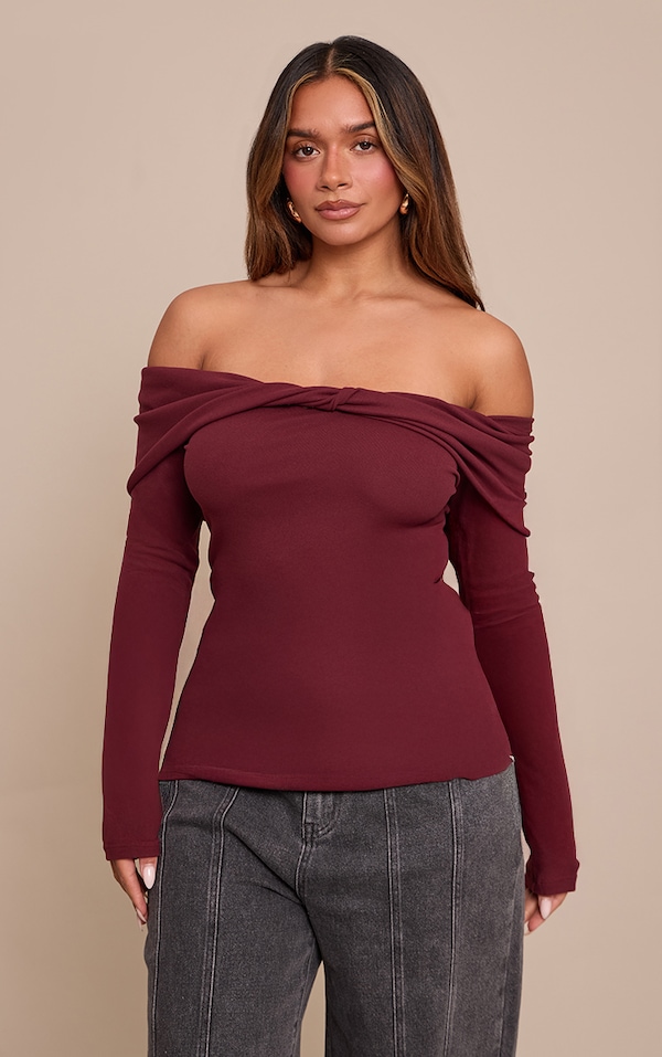 Shape Burgundy Soft Touch Bardot Long Sleeve Top