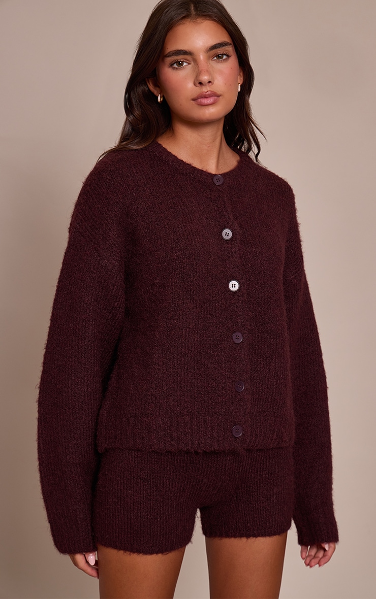 Cardigan oversize brossé prune à col rond image 1