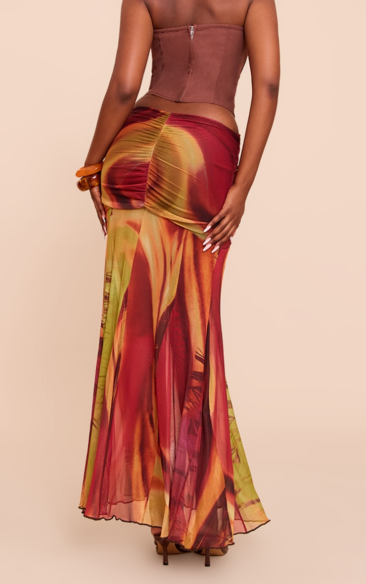 Orange Printed Mesh Overlay Maxi Skirt image 3