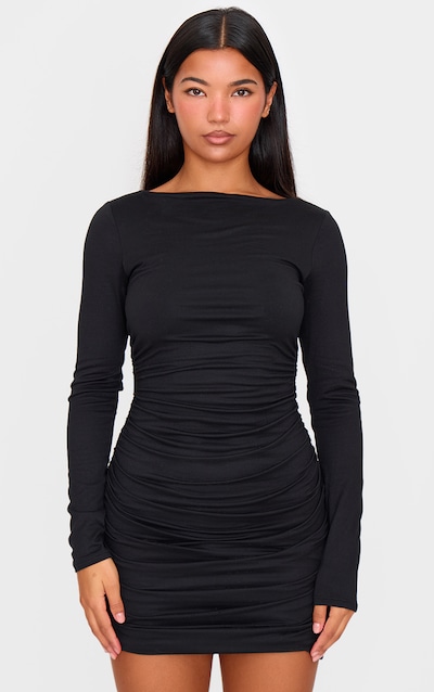 Black Double Contour Ruched Detail Long Sleeve Bodycon Dress