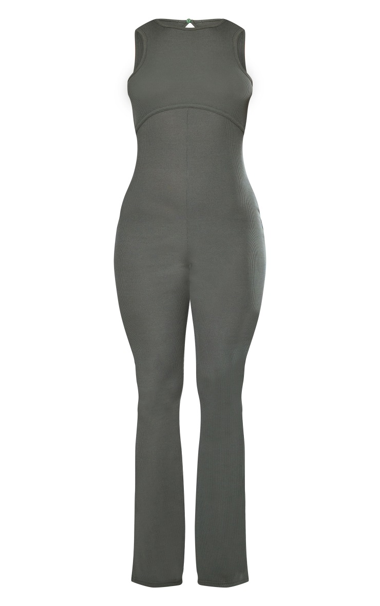 Khaki Underbust Binding Racer Rib Jumpsuit PrettyLittleThing