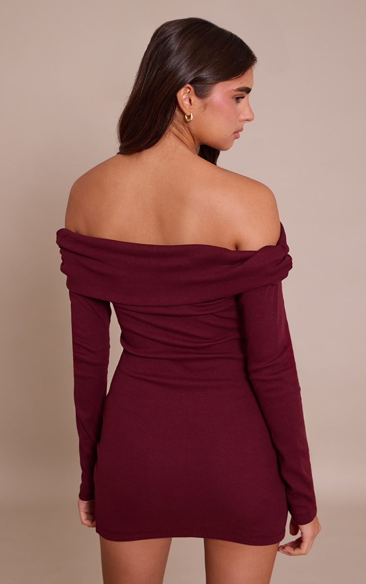 Plum Ribbed Fold Over Bardot Long Sleeve Bodycon Dress image 2