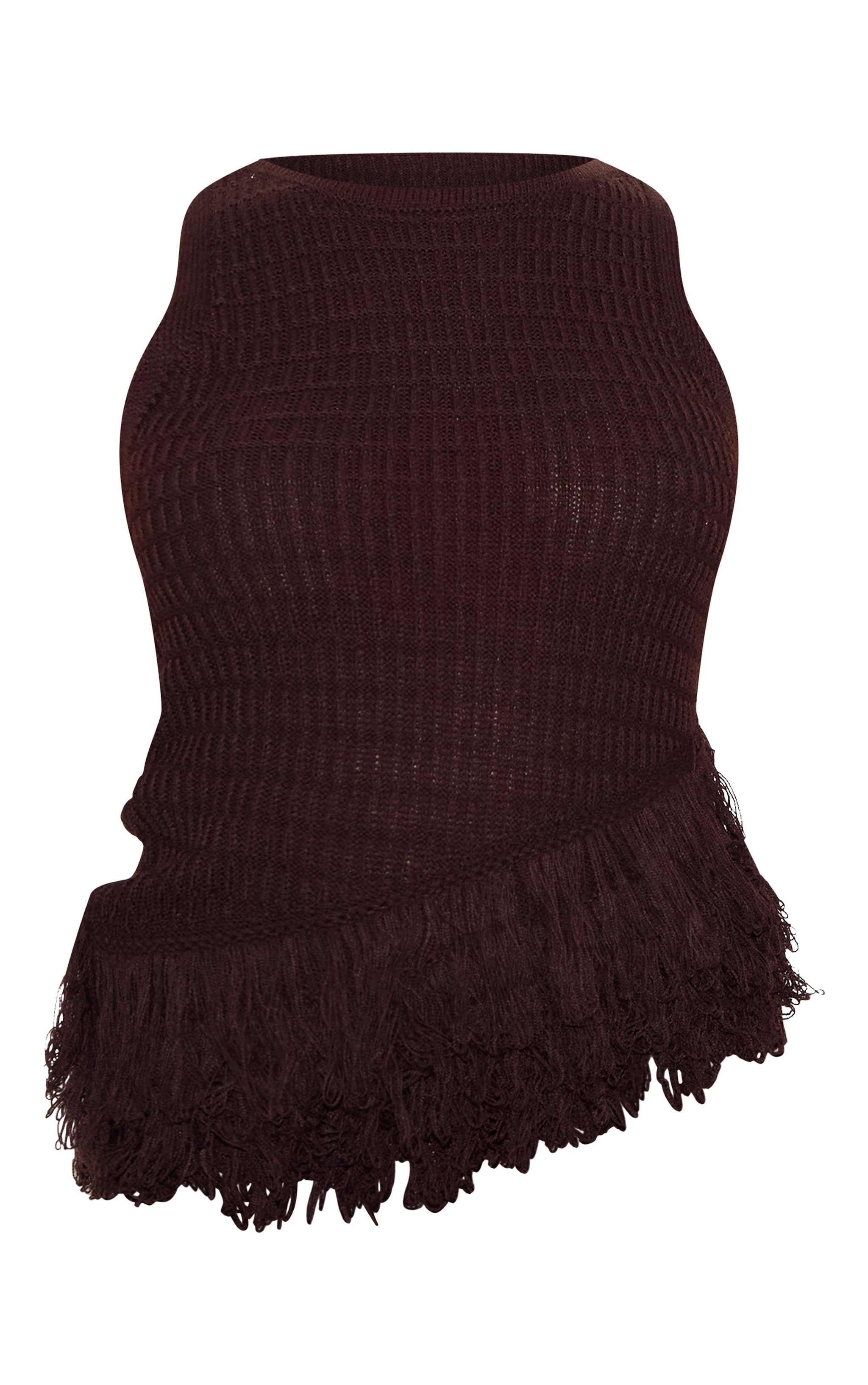 Petite Top en maille tricot chocolat sans manches à bordure frangée image 5