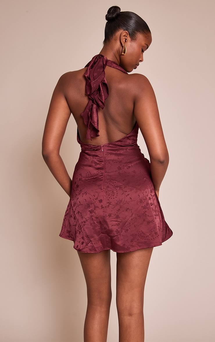 Plum Satin Jacquard Trim Detail Mini Shift Dress image 2