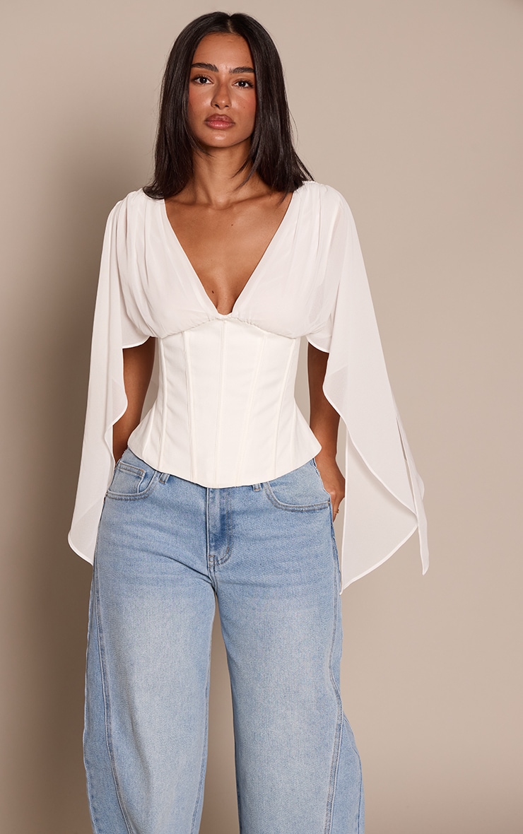 Petite White Corset Waist Chiffon Drape Sleeve Top