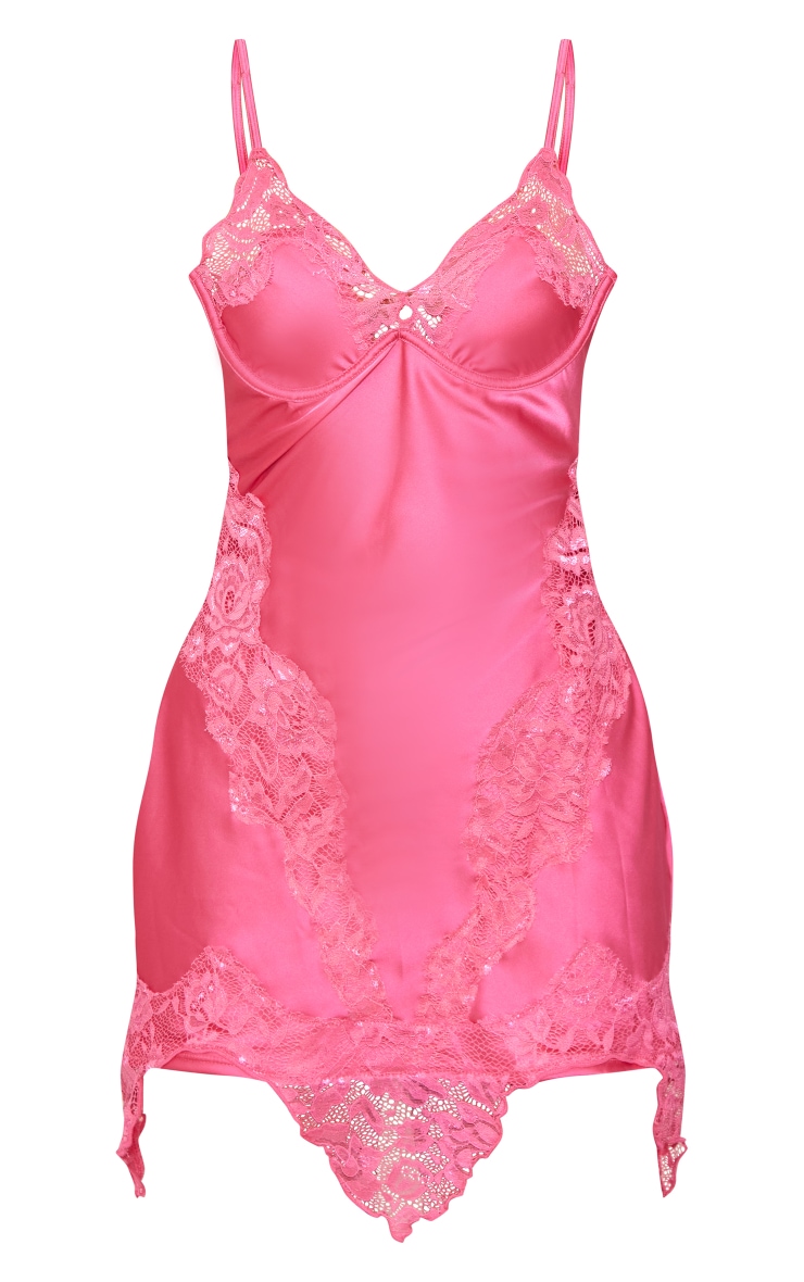  Hot Pink Satin Lace Trim Underwire Mini Shift Dress image 1