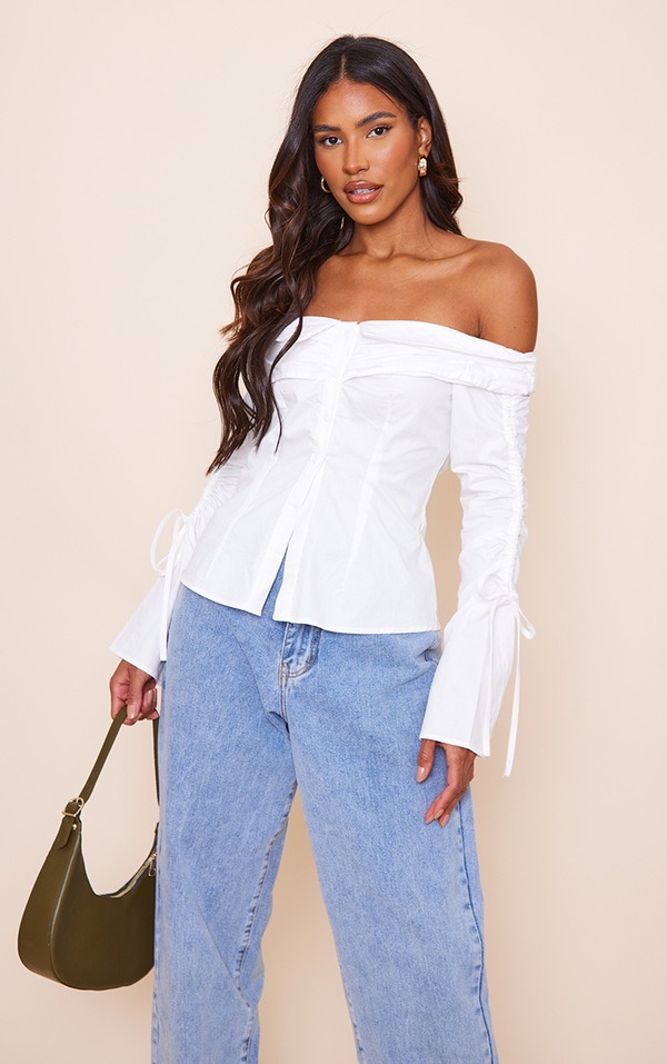 White Cotton Bardot Ruched Sleeve Button Blouse PrettyLittleThing