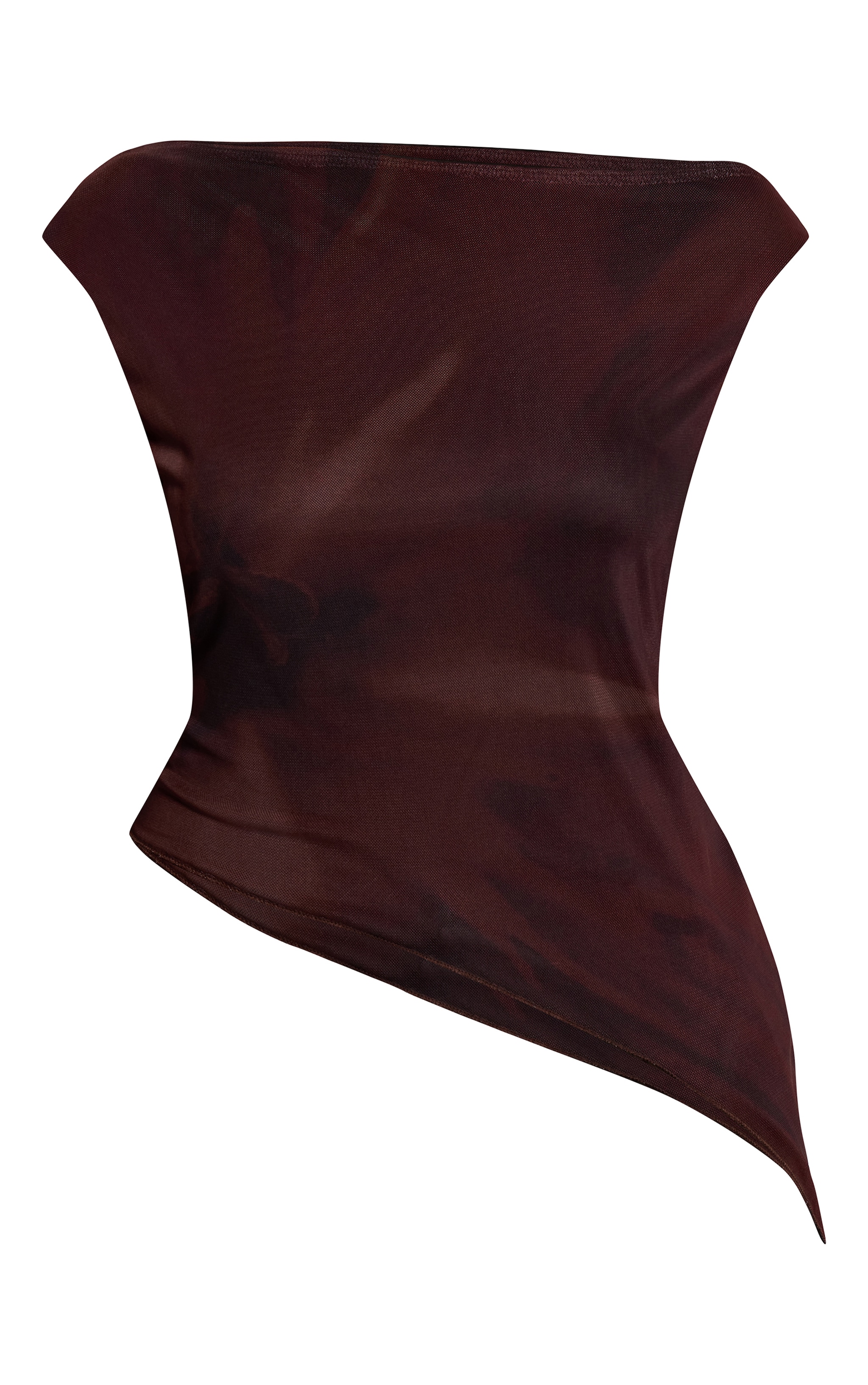 Brown Flower Print Asymmetric Neck Mesh Top image 5