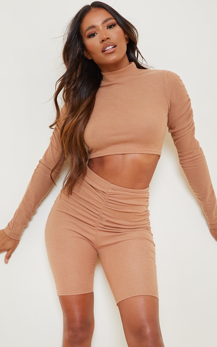 Camel Soft Brushed Rib High Neck Ruched Long Sleeve Crop Top