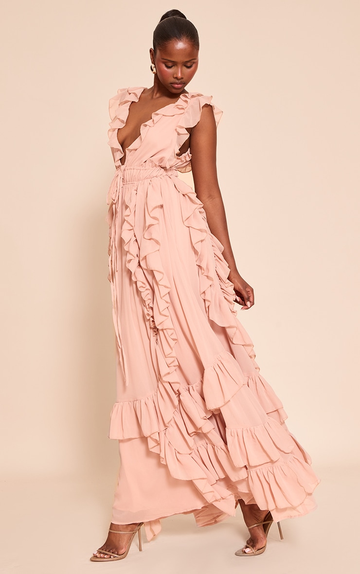 Robe longue rose pâle très volantée image 3