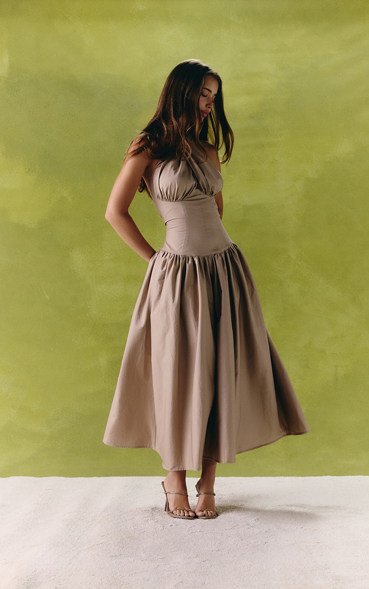 Taupe Plunge Halterneck Skater Midaxi Dress image 5