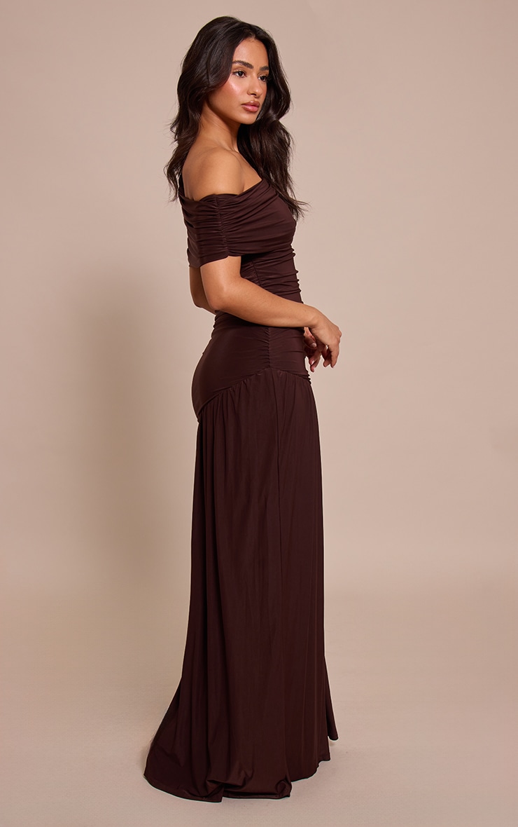 Petite Chocolate Asymmetric Side Split Bardot Maxi Dress image 2
