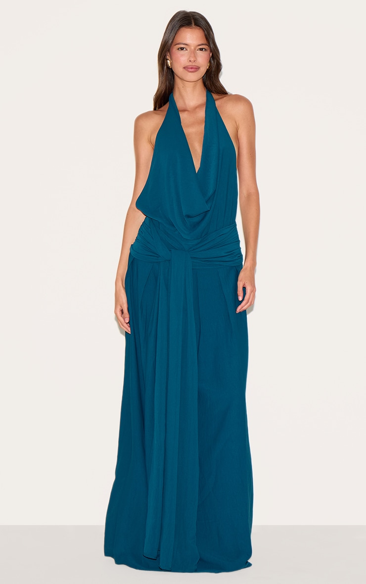 Robe longue fluide tissée bleu sarcelle à col bénitier et dos échancré image 1
